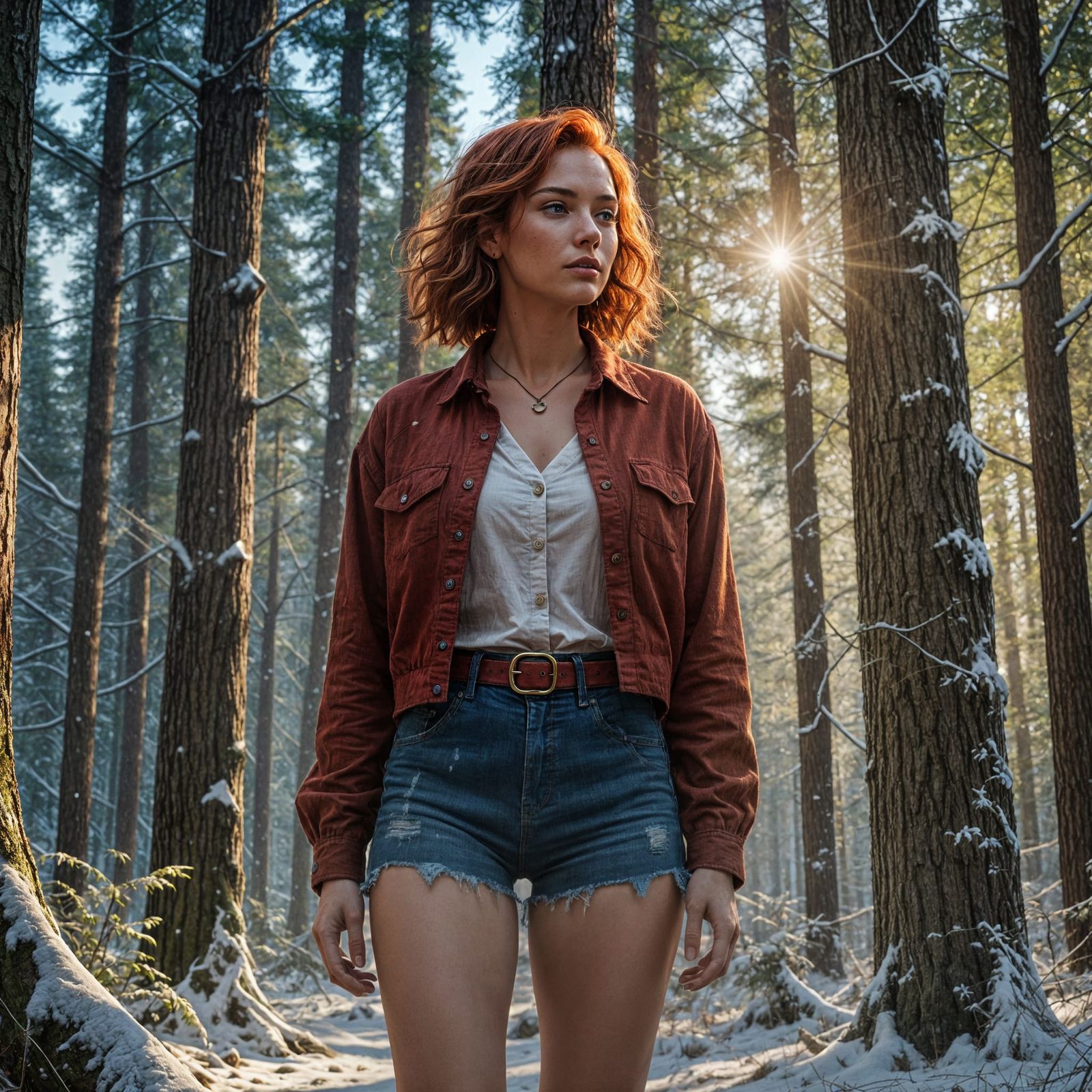 Young Red-Haired Woman Stands in Winter Forest