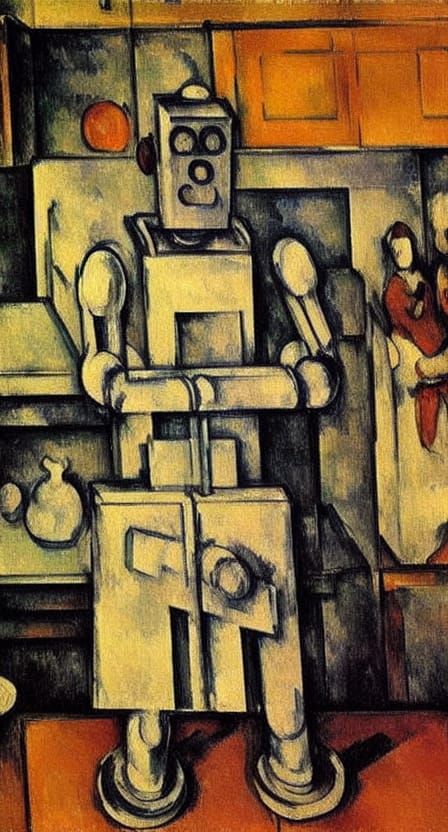 Kitchen Scene with Robot and Lady, Classic Painting