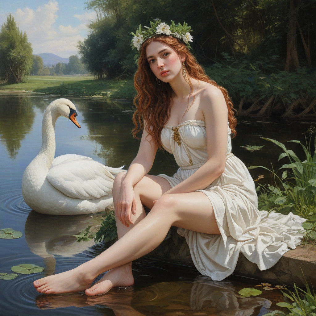 Classical Goddess Venus Bathing with Majestic Swan