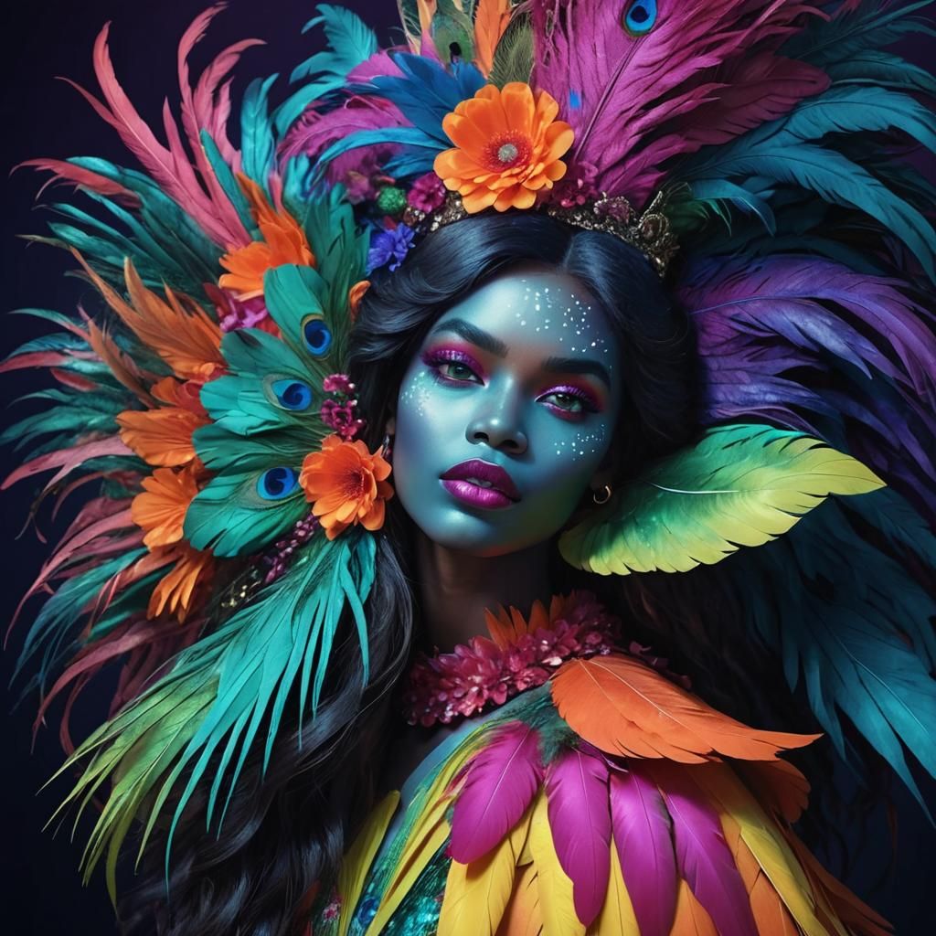 Peacock Haired Woman Portrait in Hyperrealistic 3D