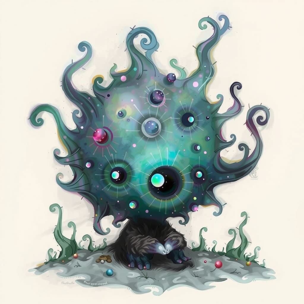 Surreal Iridescent Beast in Whimsical Dreamscape