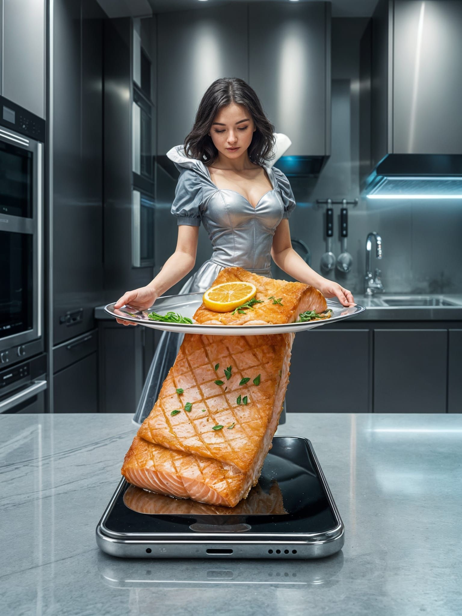 Snow White Brings Crispy Salmon Fillet as Digital Art