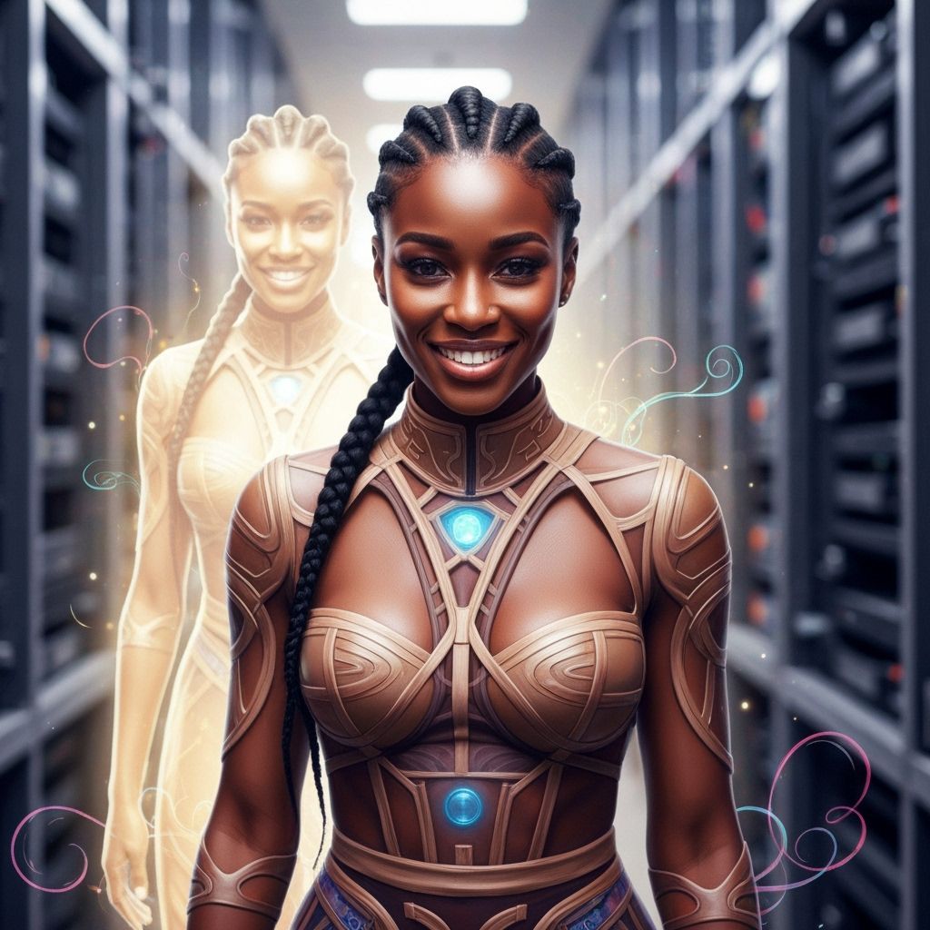 Smiling Woman with Ghost in Neo-Impressionist Style