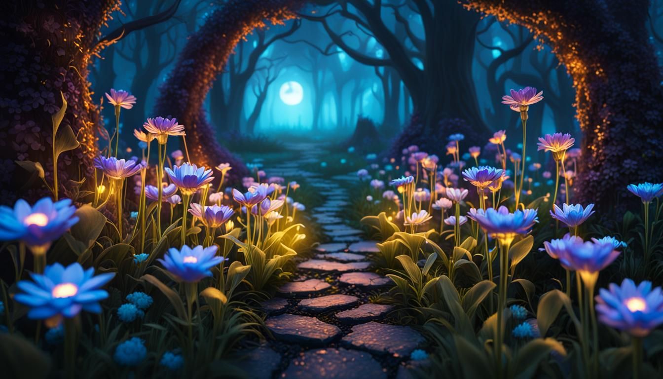 Gothic Game Scene with Bioluminescent Spring Flowers