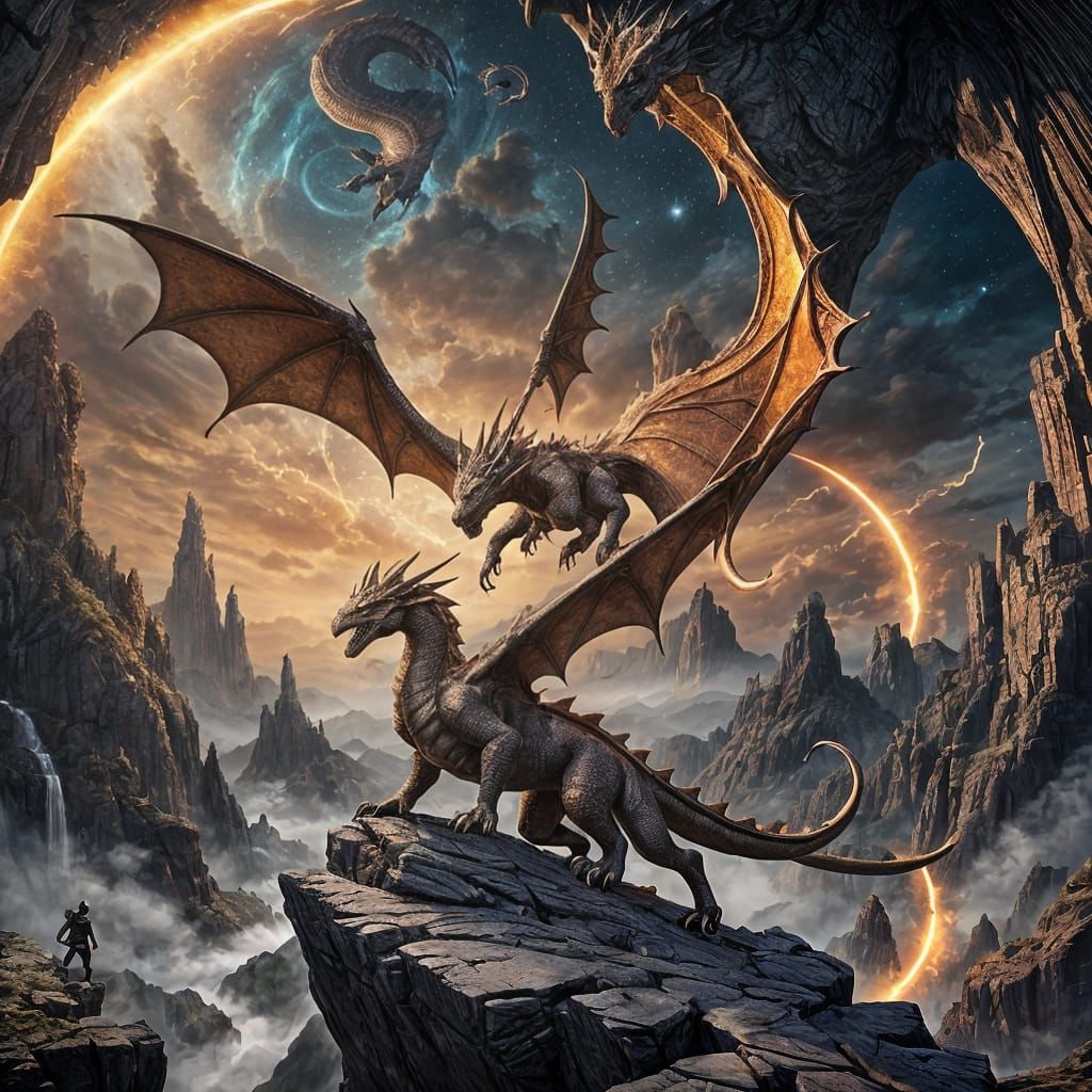 Golden Dragon Ascending with Sword in Stone