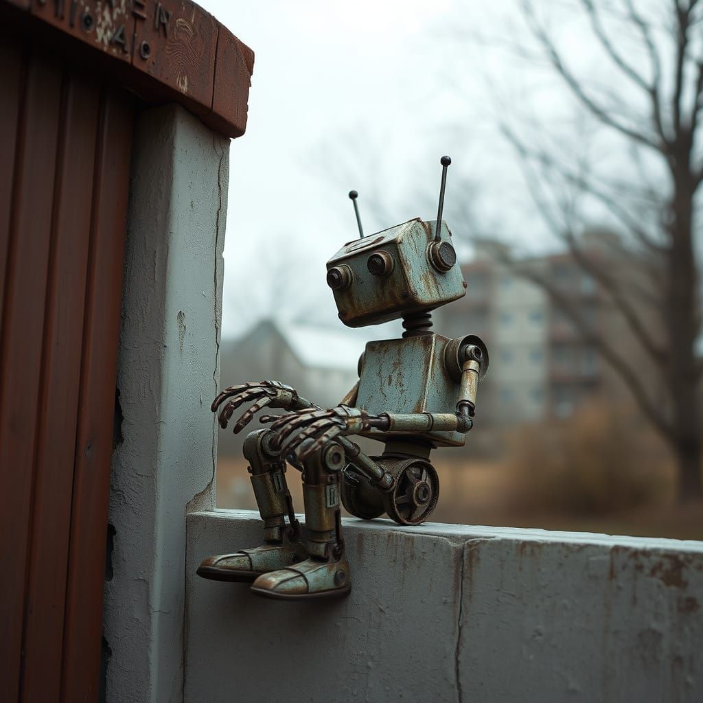 Rusty Robot's Lonely Vigil in Whimsical Watercolor