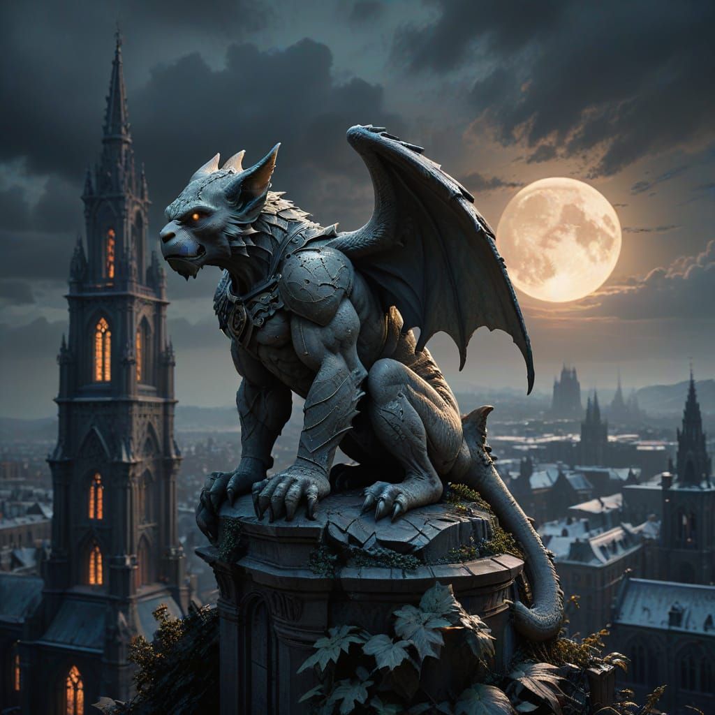 Clay Gargoyle Overlooking City in Jugendstil Style