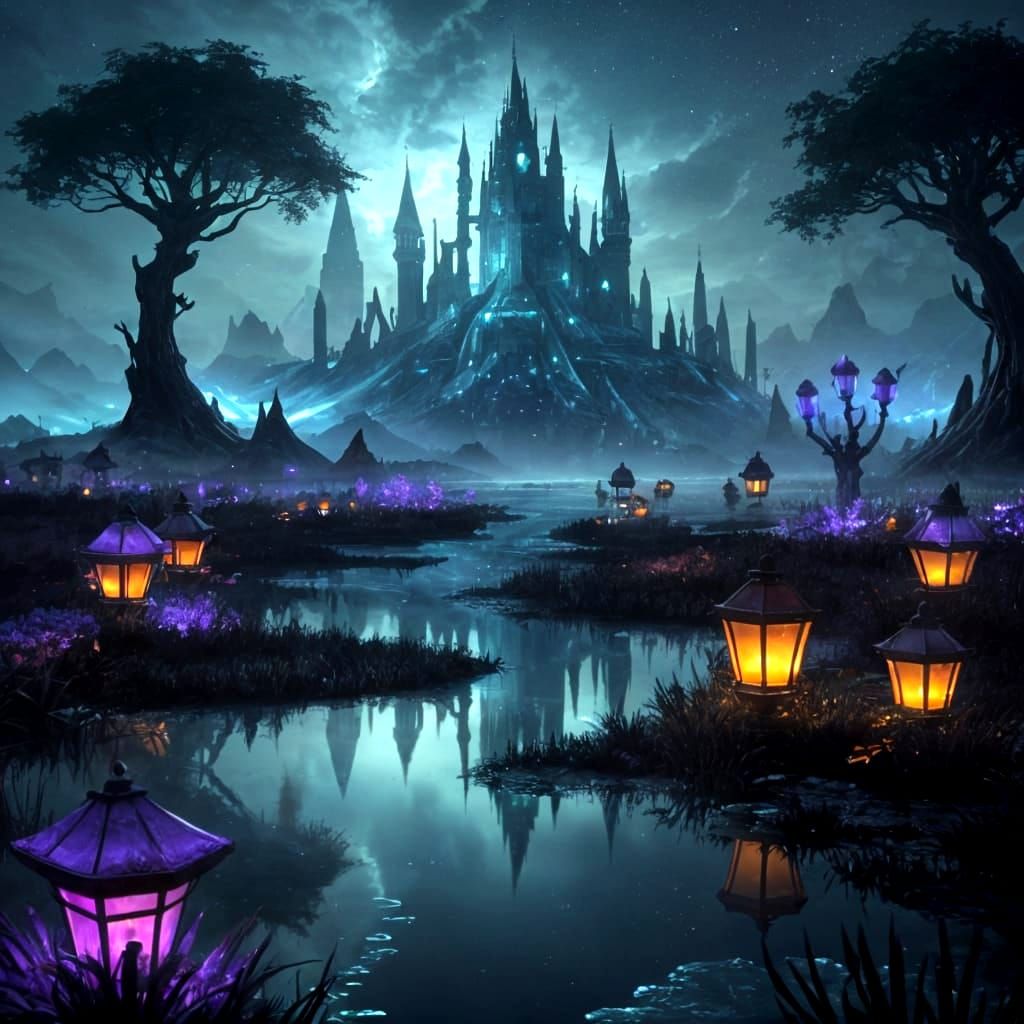 Mystical Elven City in Marshlands at Twilight