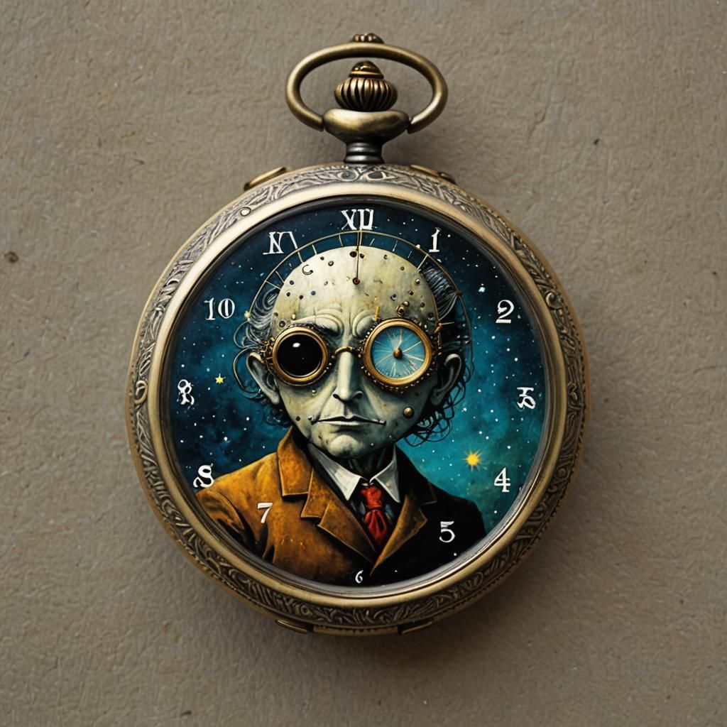 Surreal Space Face Pocket Watch in Naive Art Style