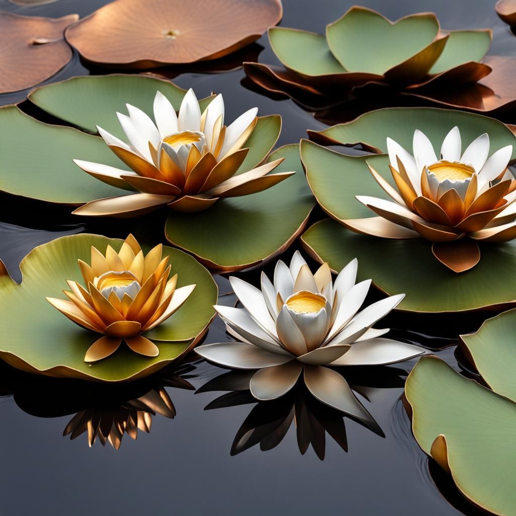 Metallic Water Lilies in Pond