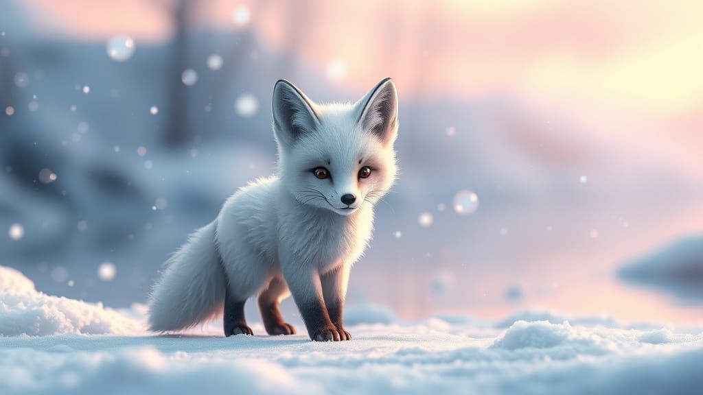 Arctic Fox Cub in Winter Wonderland, 3D Render