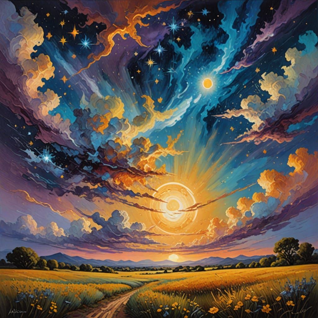 Vibrant Celestial Scene in Impressionist Oil Painting Style