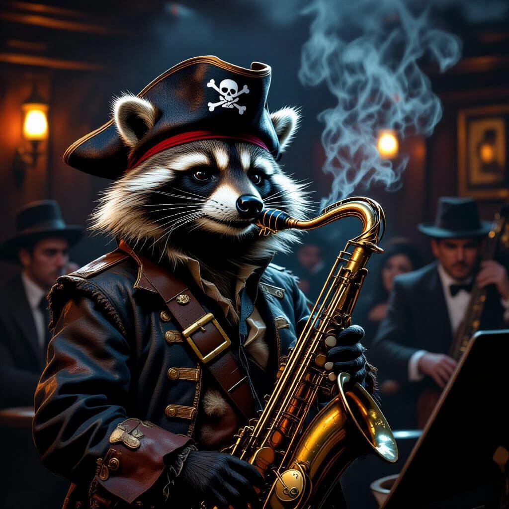 Raccoon Pirate Captain Plays Saxophone in Noir Jazz Club