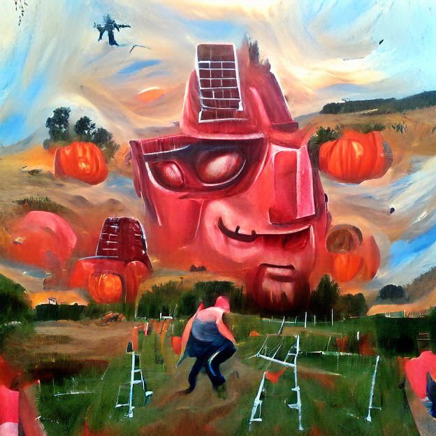 Giant Robot Stomps Through Pumpkin Patch: Oil Painting