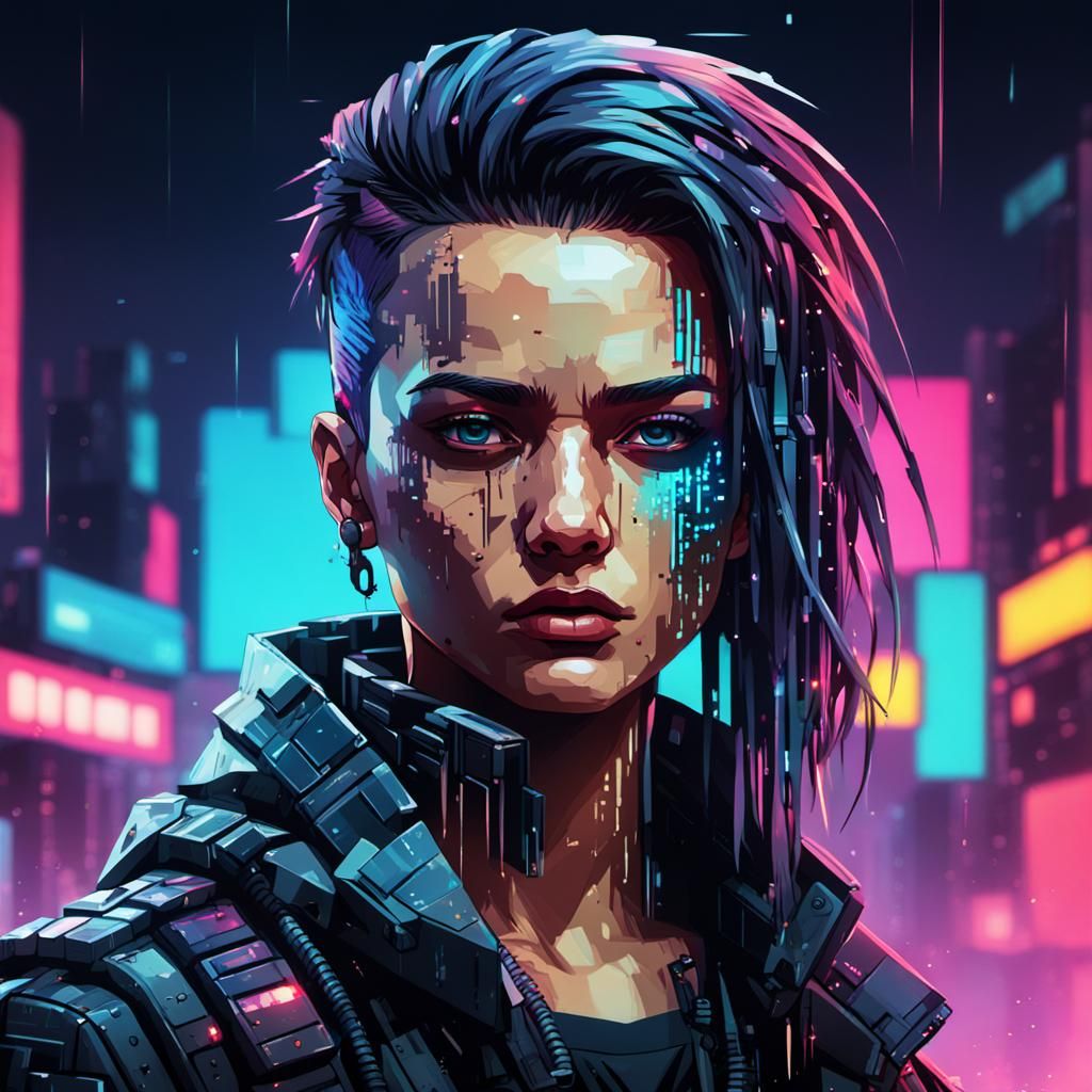 Pixelated Cyberpunk Female Criminal in Splash Art Style