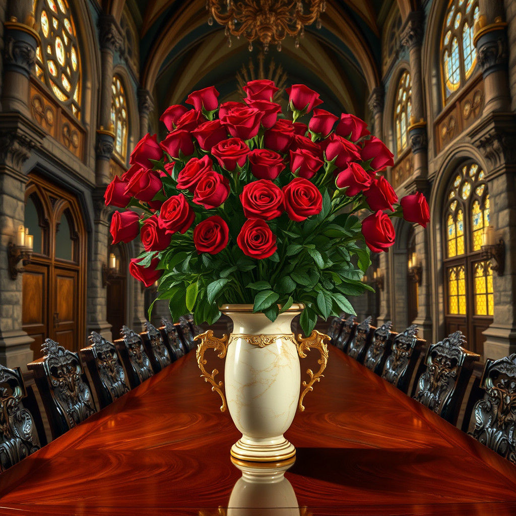 Roses in Marble Vase, Medieval Castle Oil Painting