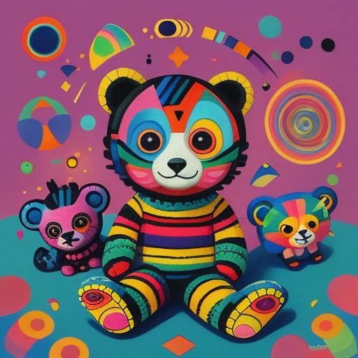 Cat in Love with Teddy Bear, Alebrije Style