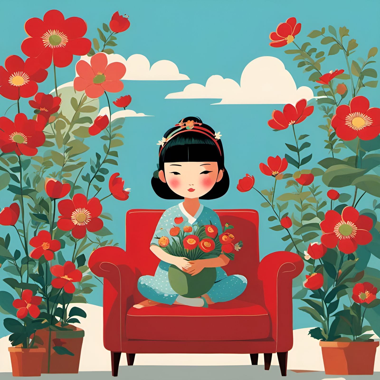 Relaxing Chinese Girl in Floral Still Life Illustration