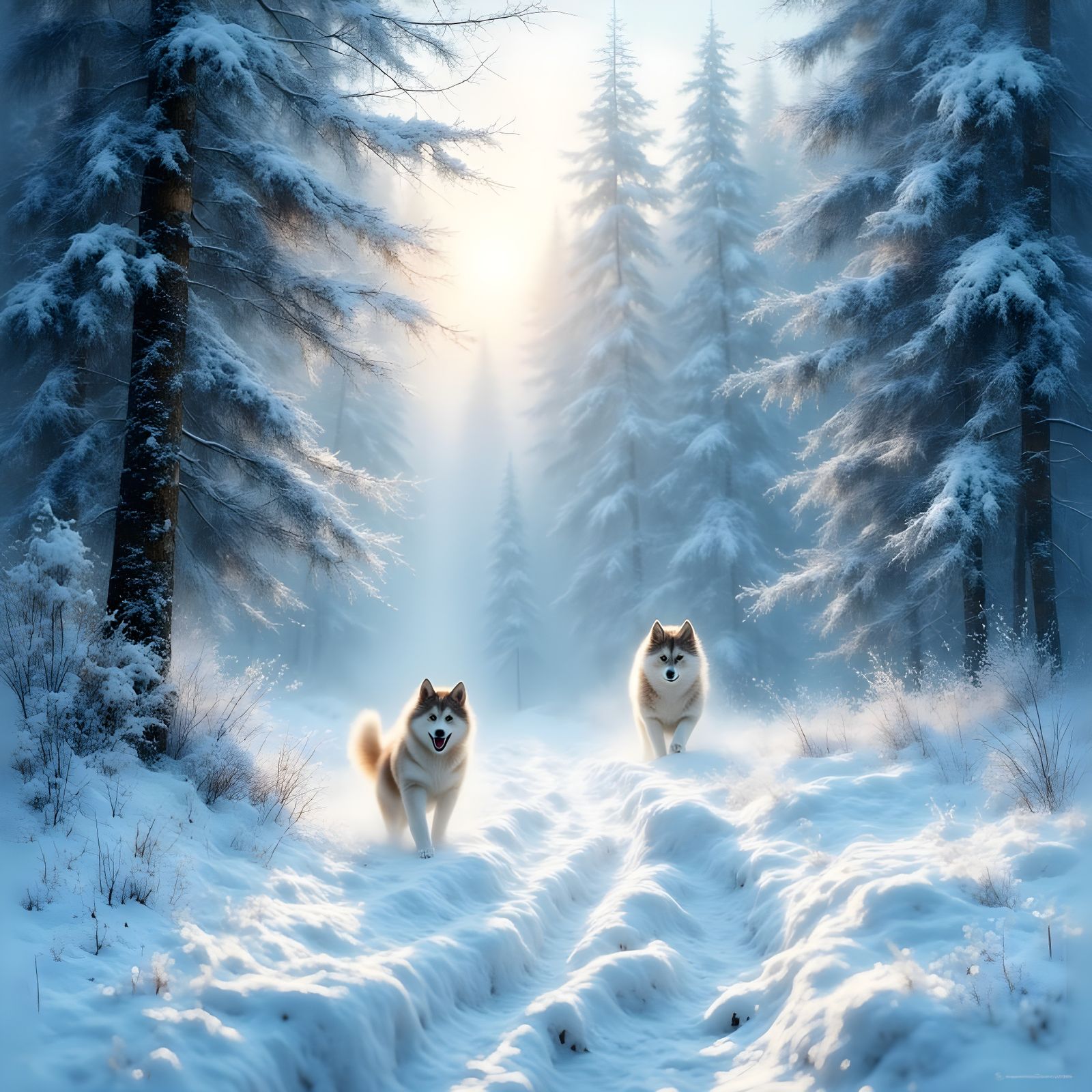 Mischievous Husky Puppy Bounds Through Snowy Pine Forest at ...