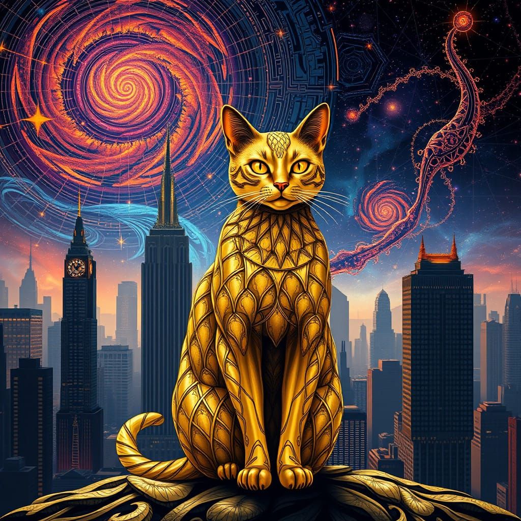 Cybernetic Cat Stands Amidst Futuristic Metropolis