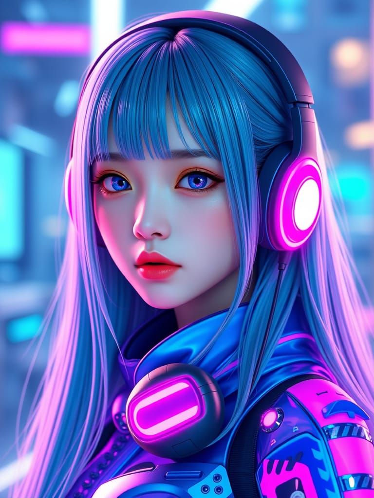 Cyberpunk Goddess in Neon Blue and Pink Aesthetic