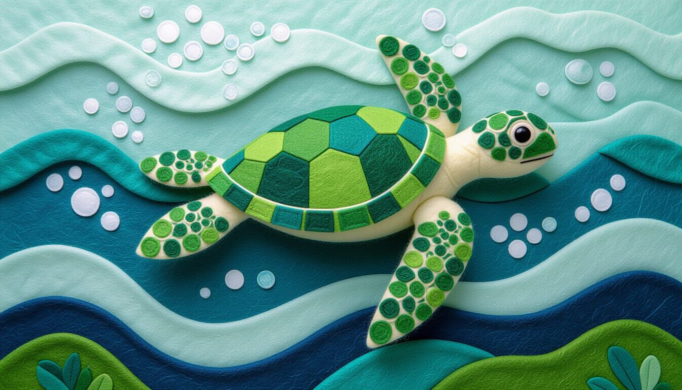 Felted Sea Turtle in Whimsical Folk Art Style