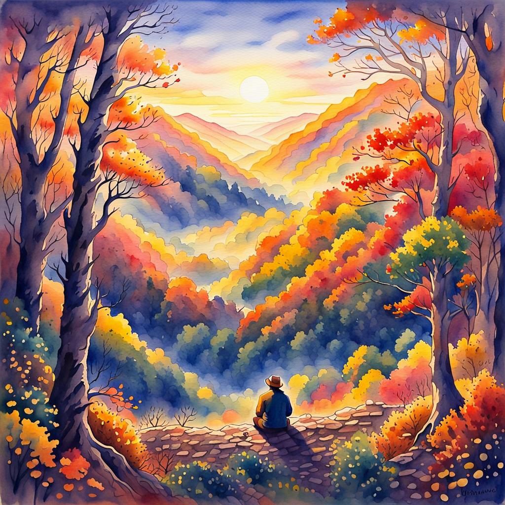 Watercolor Painting of Old Man in Autumn Landscape