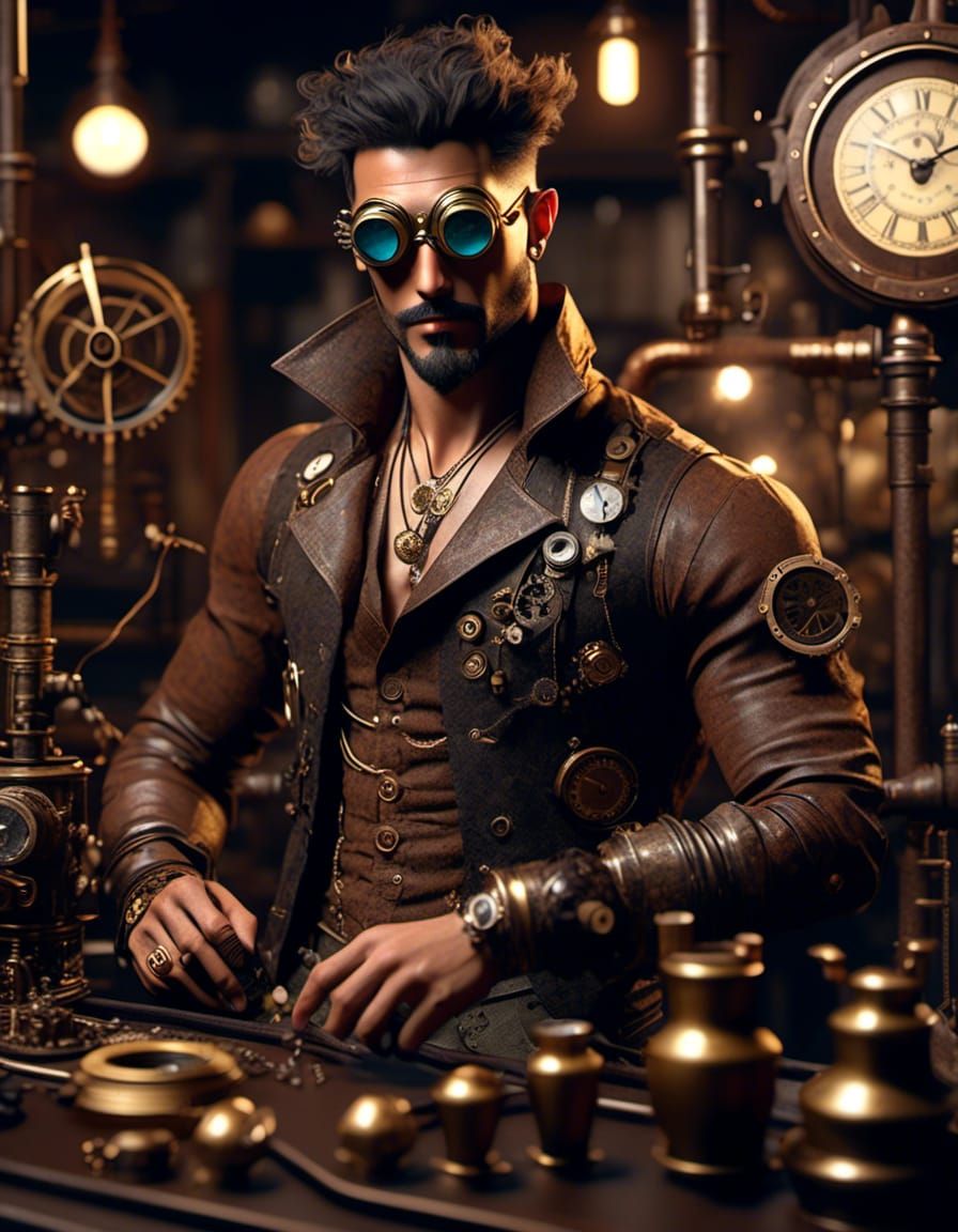 Steampunk Mad Inventor Portrait in Laboratory