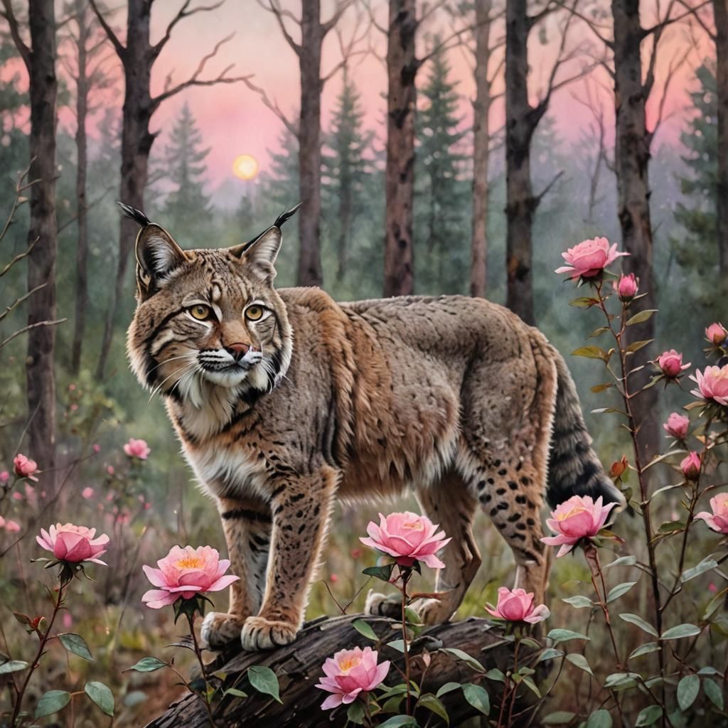 Bobcat in Forest at Dawn Watercolor Painting
