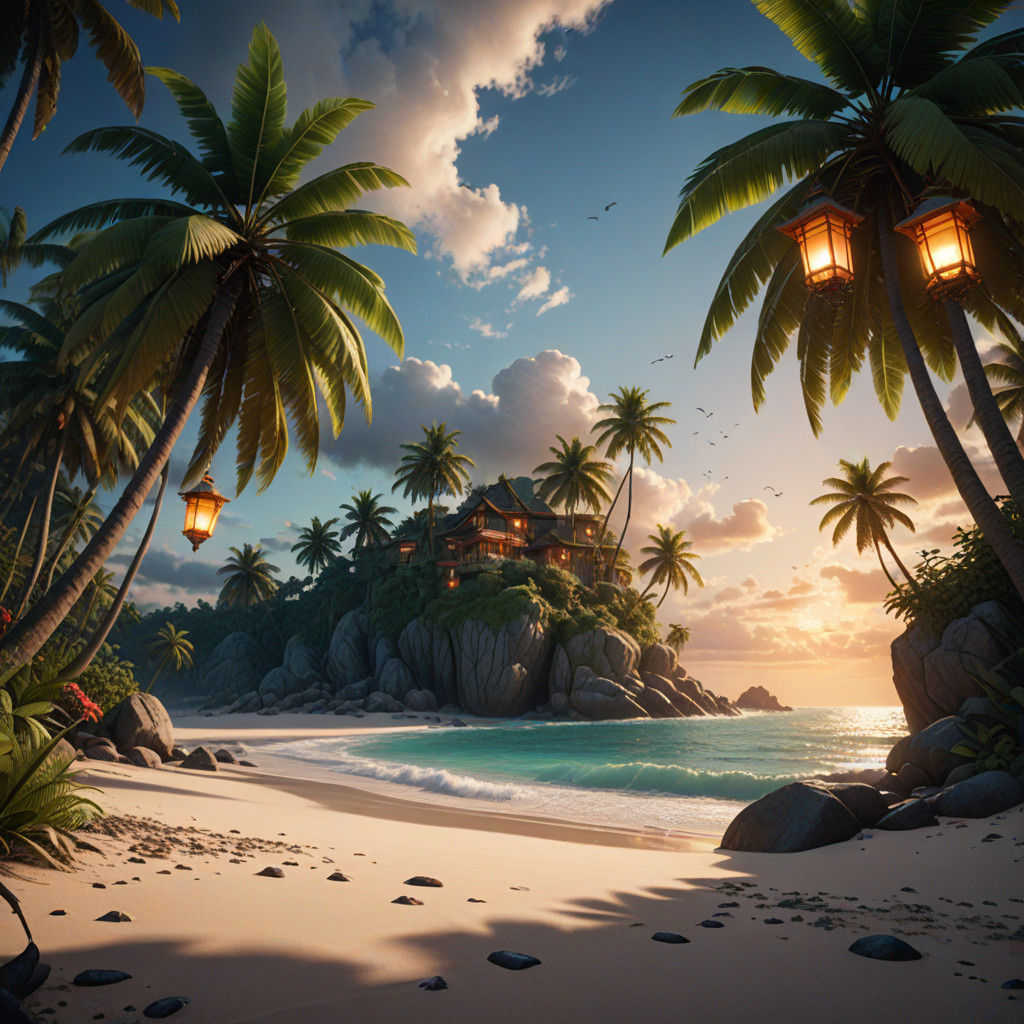 Ethereal Sunset Beach Scene in Vibrant Cinematic Style