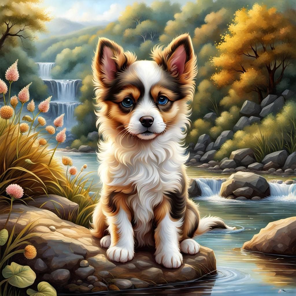 Puppy by River in Dreamlike Illustration Style