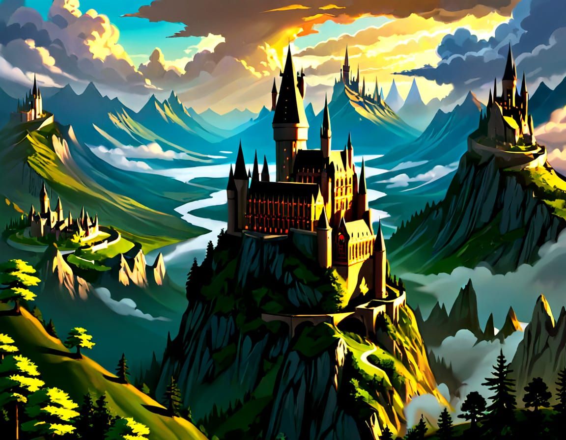 Surreal Fantasy Landscape with Hogwarts Castle on Floating M...