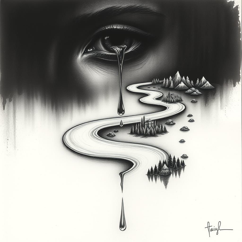 Surreal Charcoal Landscape Unfolds from a Single Tear