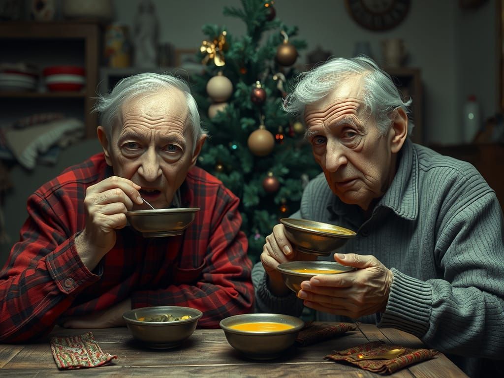 Elderly Couple Sipping Soup by Christmas Tree