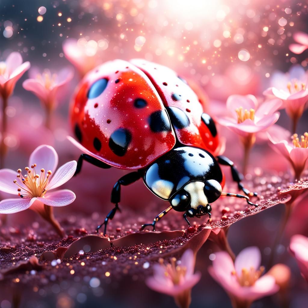 Ladybug on Sakura Flower Fantasy Illustration