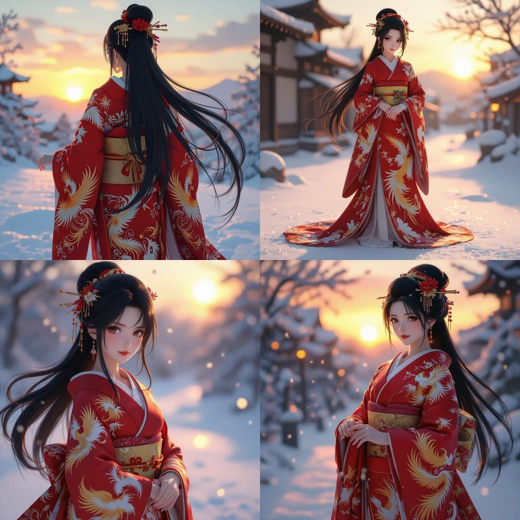 Anime Geisha in Snow at Sunrise