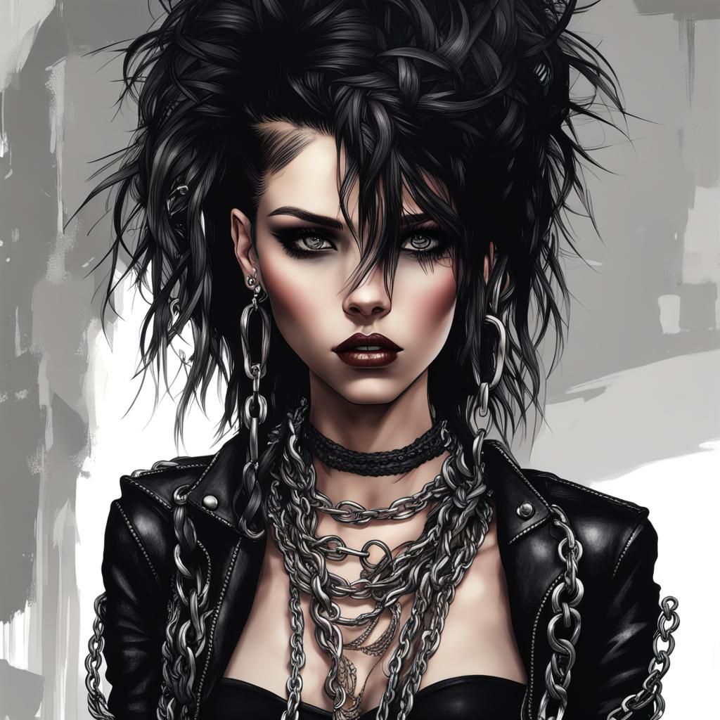 Punk Rock Girl in Black Lace and Chains