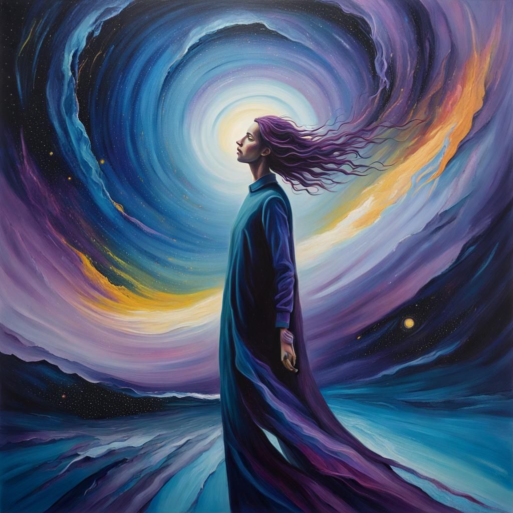 Figure Gazing into Starry Void as Oil Painting