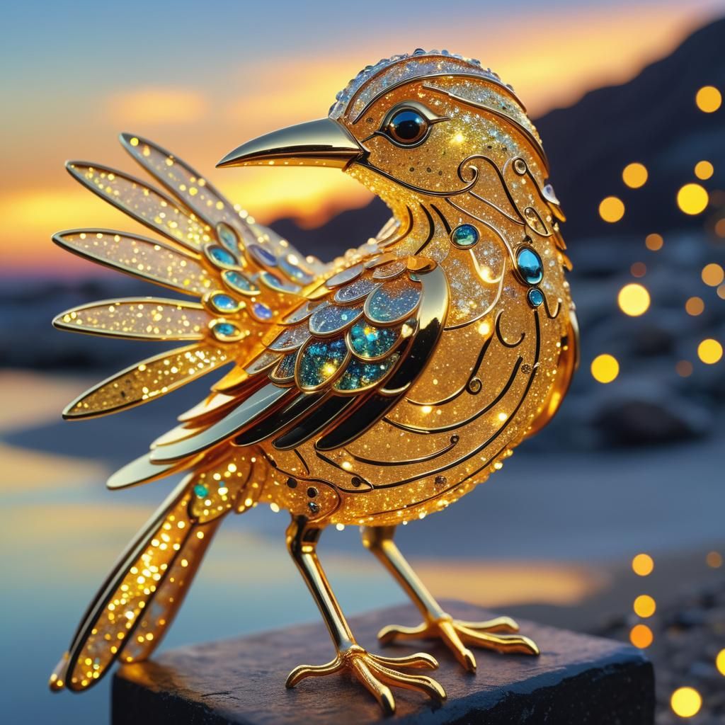 Bioluminescent Golden Bird Glass Art Sunset