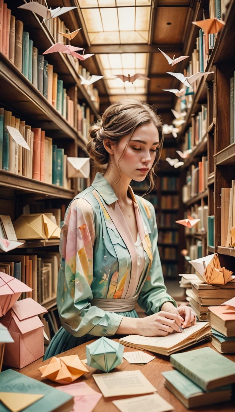 Watercolor Origami Library with Woman in Train Car