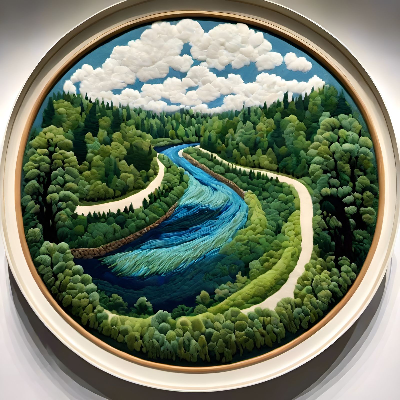 Embroidery of Forest River in Naive Art Style