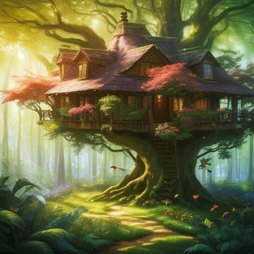Vibrant Fairy Treehouse in Whimsical Expressionism