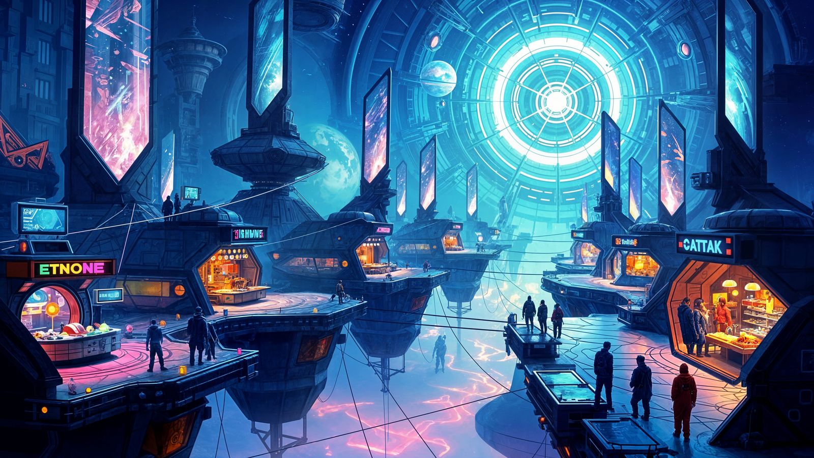 Bustling Alien Marketplace on Crystalline Floating Islands