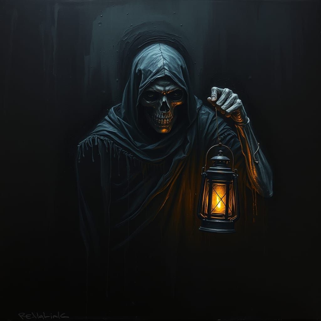 Death Holding a Lantern in Impasto Painting