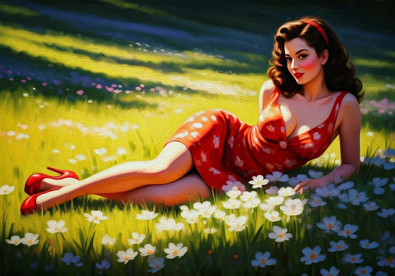 Sultry Springtime Pinup in Impressionist Style