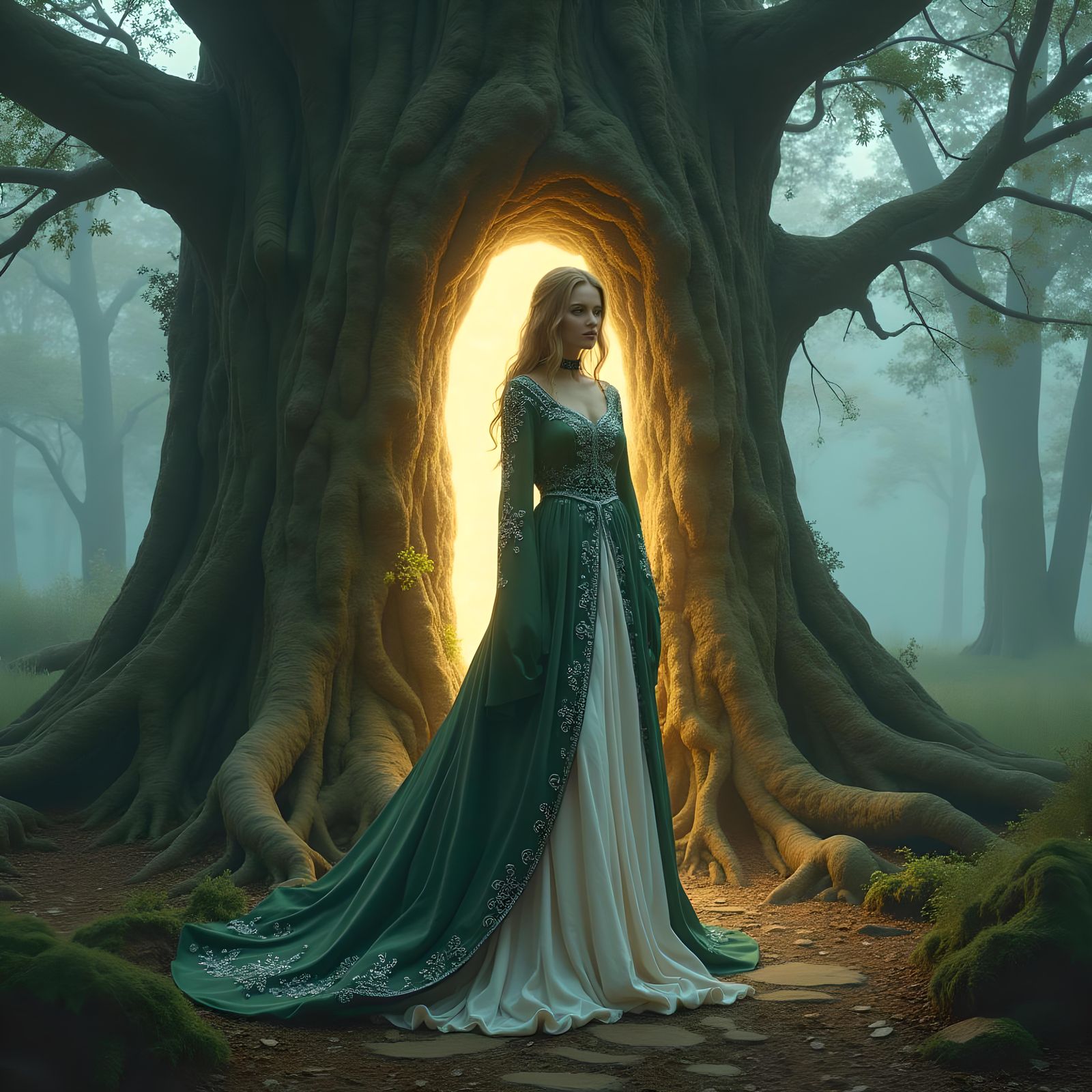 Sorceress and Tree Portal in Forest