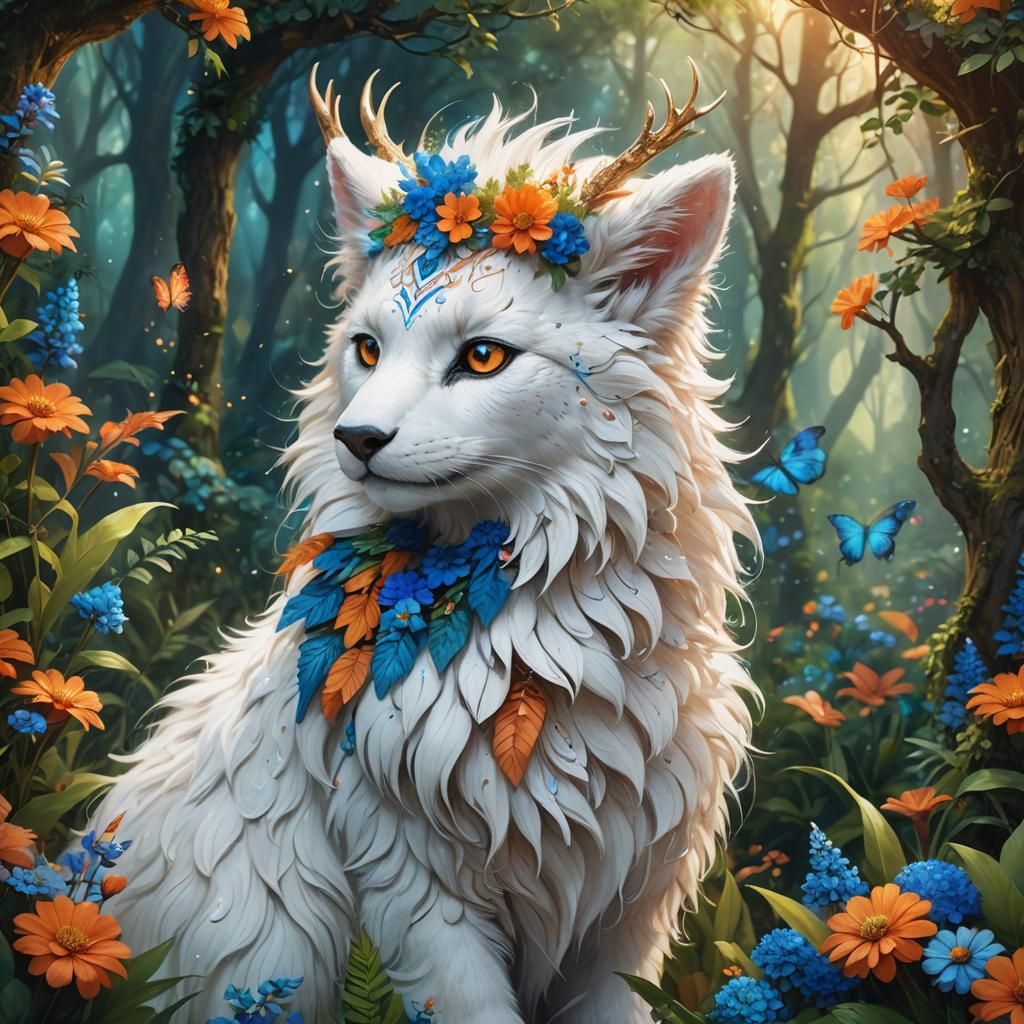 Fluffy White Fantasy Animal in Whimsical Forest