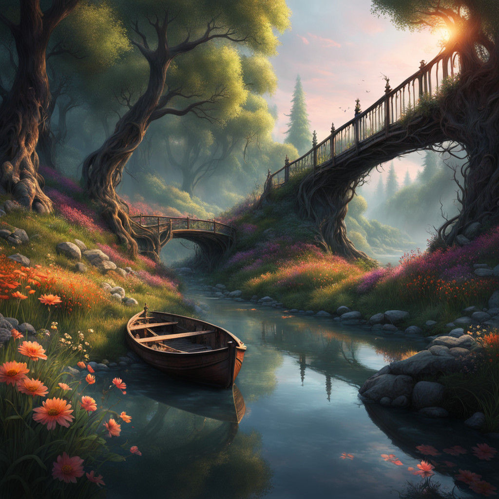 Ethereal Abandoned Bridge at Sunset in Whimsical Fantasy Sty...