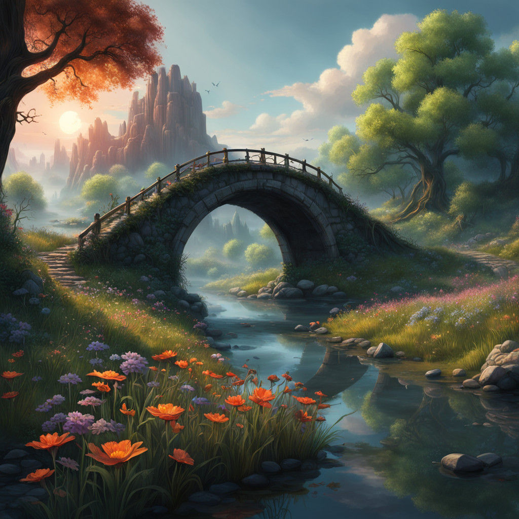 Ethereal Abandoned Bridge in Whimsical Fantasy Landscape
