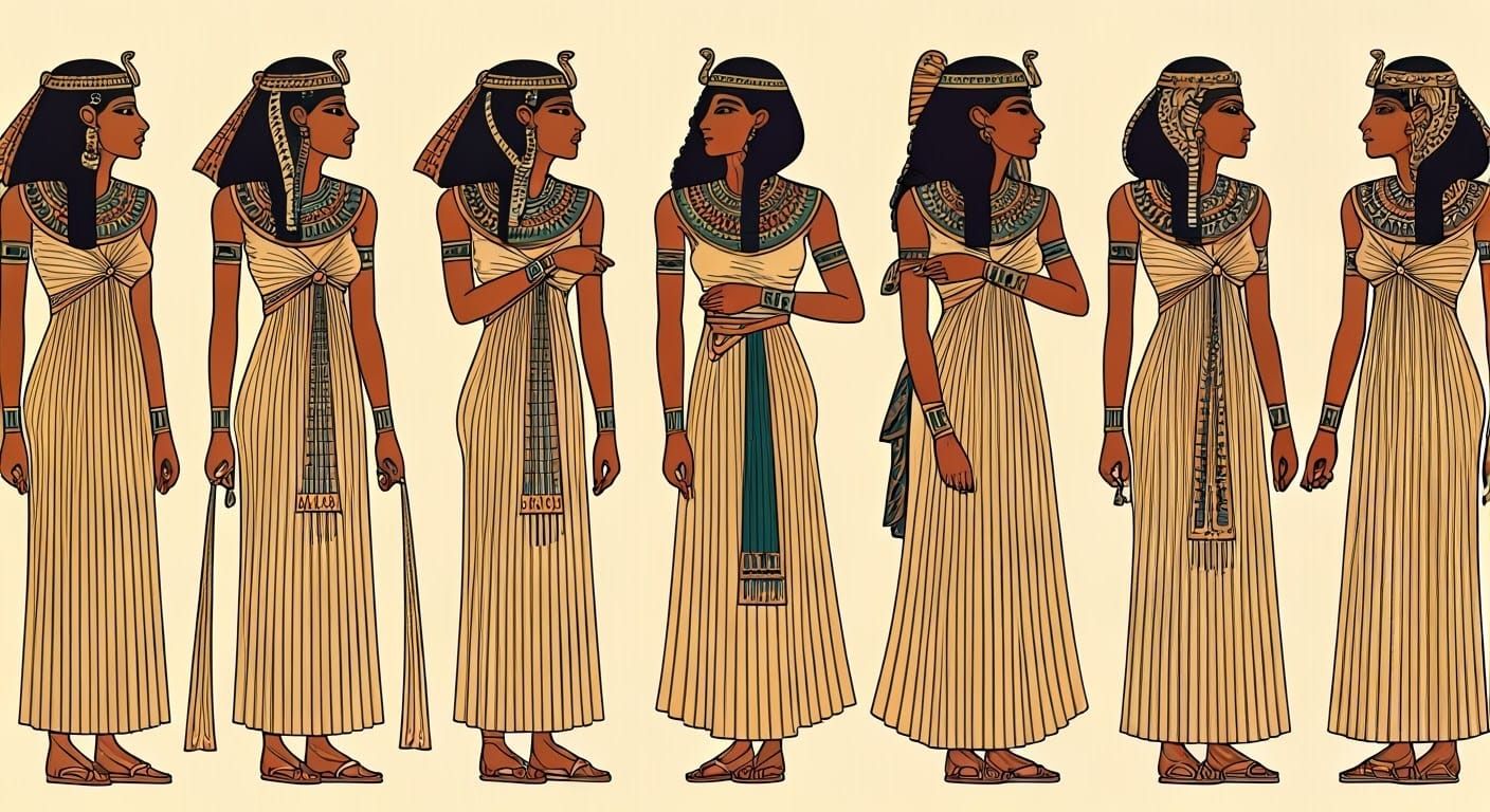 Ancient Egyptian Women in Intricate Linens and Golden Headdr...